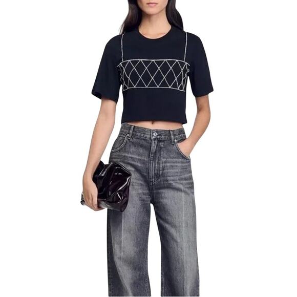 Sandro Diamond Cropped Black T-shirt, Short Sleeves, size 1 small - Picture 1 of 12